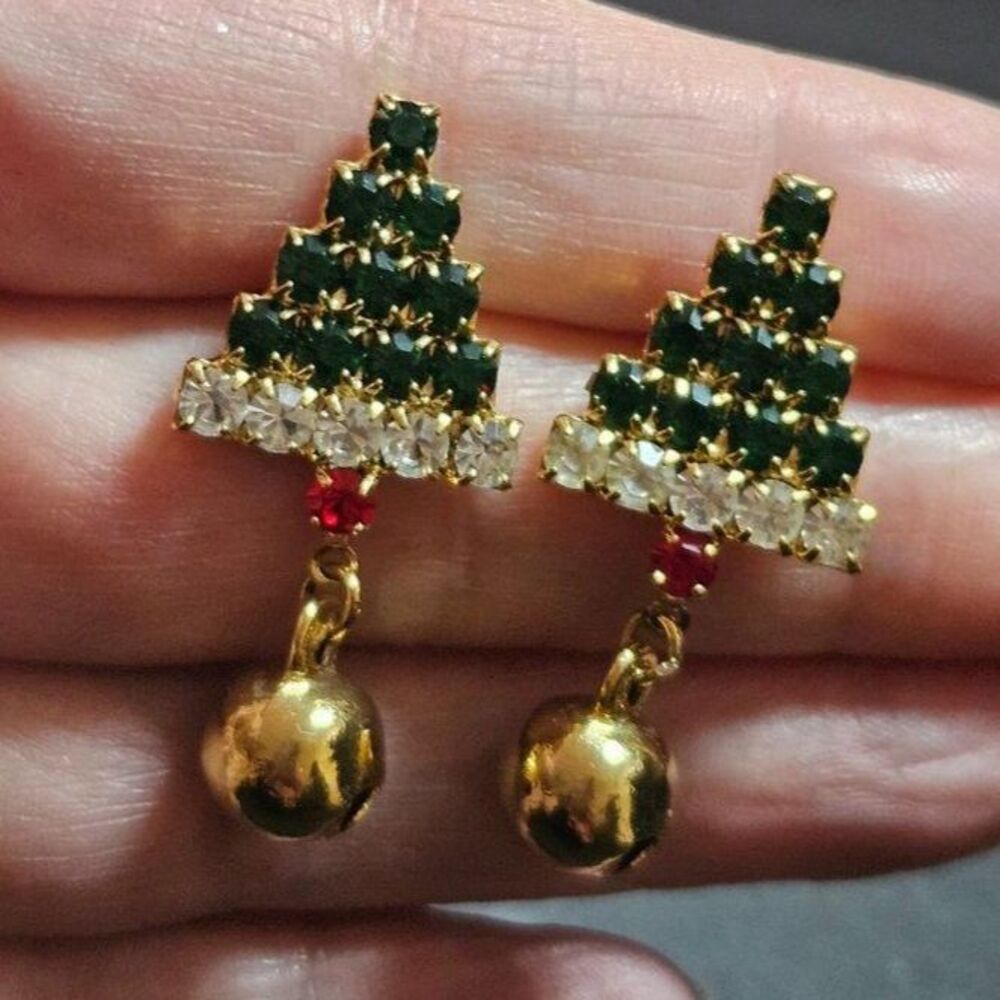 Gold tone rhinestone Christmas tree earrings